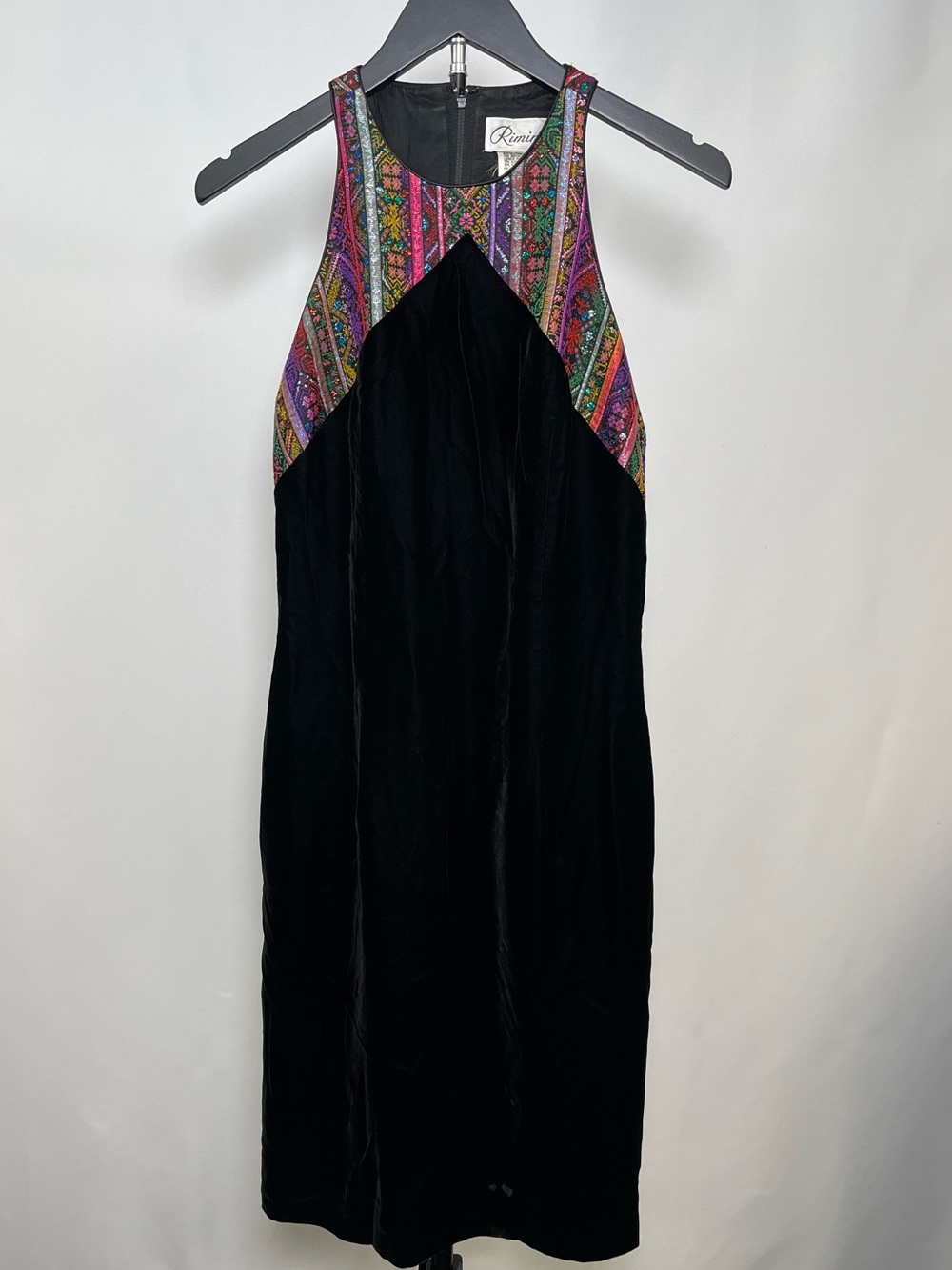Rimini Black Velvet Midi Dress with Multicolor Embroidered Yoke